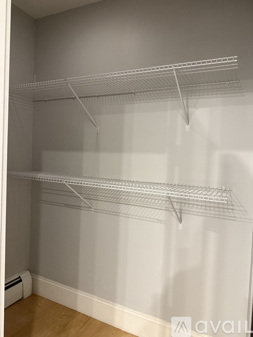 Empty shelves in a room with white walls.
