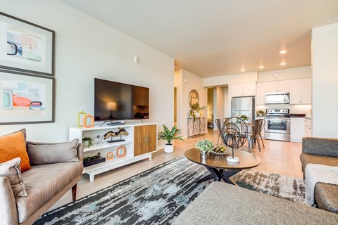 A living room with a couch, a coffee table, and a television.