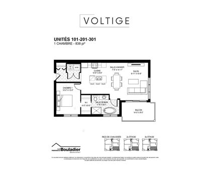 A floor plan for a property with the title "VOLTIGE" and the address "UNITES 101-201-301 1 CHAMBRE - 838 pi".