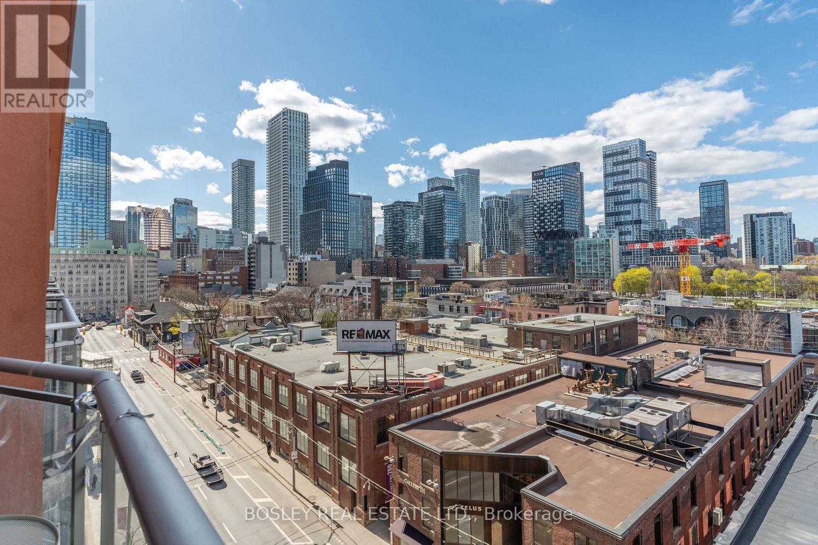 A cityscape with a clear blue sky and buildings of various heights.