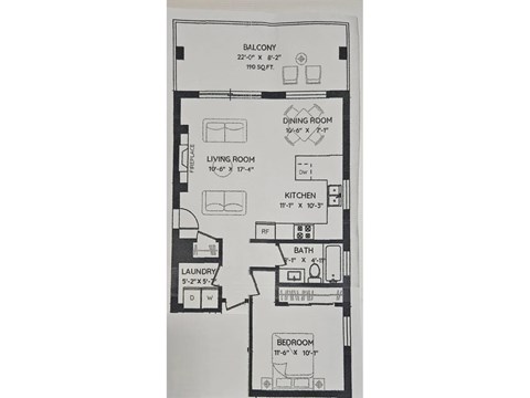 A floor plan of a one bedroom apartment with a living room, dining room, kitchen, bathroom, and laundry room.