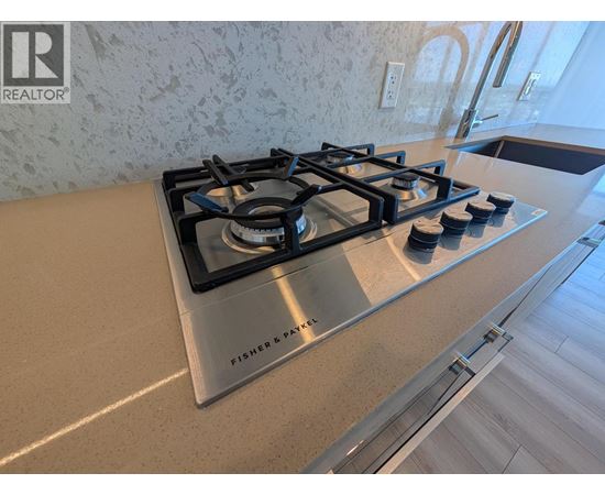 A Fisher-Payne stove top is in a kitchen with a marble backsplash.