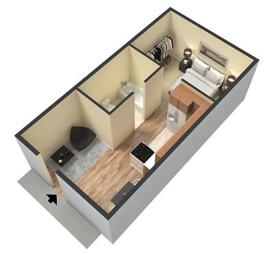 A 3D image of a small apartment with a bedroom and bathroom.