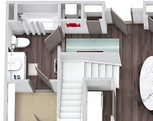 Apex Loft 3D. 1 bedroom apartment with stairs to loft. Kitchen with island open to living room. 1 full bathroom. Walk-in closet. Patio/balcony.