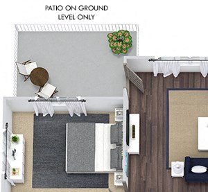 Centennial 3D. 1 bedroom apartment. Kitchen with island open to living/dinning room. 1 full bathroom. Walk-in closet. Patio/balcony.