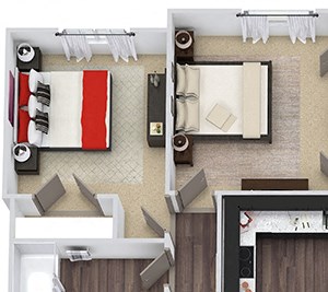 Raleigh 3D. 3 bedroom apartment. Kitchen with island open to living/dinning rooms. 2 full bathrooms, double vanity in master. Walk-in closets. Patio/balcony.
