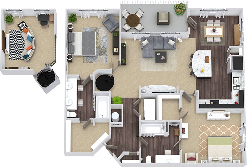 Cary Loft 3D. 2 bedroom apartment. Stairs to loft. Kitchen with island open to living/dinning rooms. 2 full bathrooms, double vanity in master. Walk-in closets. Patio/balcony.