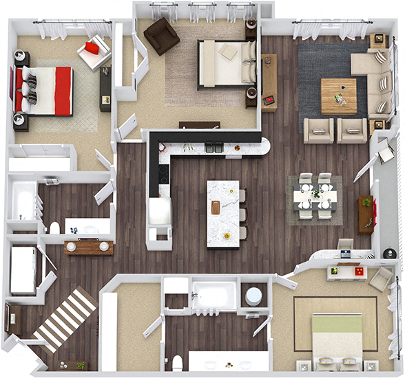 Durham 3 bedroom 2 bath floor plan. L-shaped kitchen with pantry and island open to dining and living area. Walk-in closet in master bedroom. linen closets. balcony. washer/dryer.