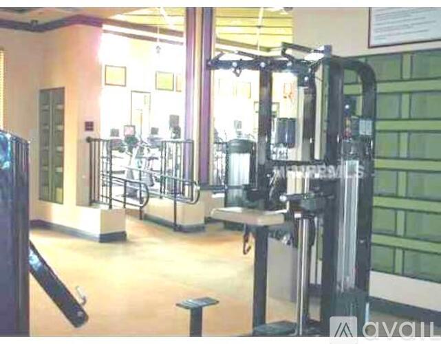 A gym with a variety of equipment including a squat rack and a bench press.