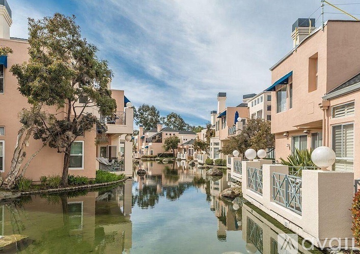 A canal with buildings on both sides and a tree in the middle.