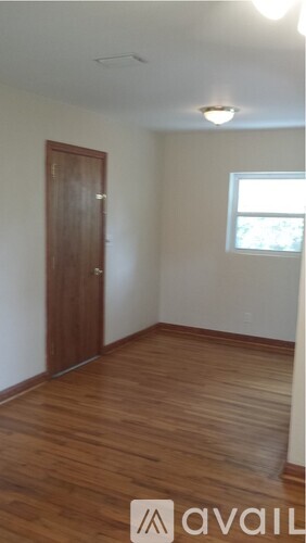 A room with a wooden floor and a brown door.