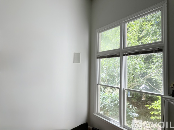 A window with a view of trees and a house outside.