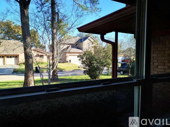 A view from inside a house looking out to a residential street.