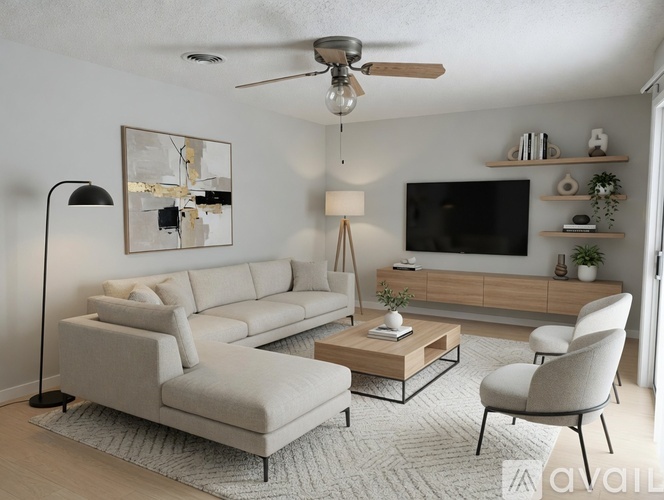 A room with a ceiling fan and a window with curtains.