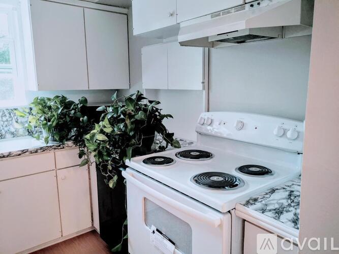 A white stove top oven with a black burner is in a kitchen with white cabinets.
