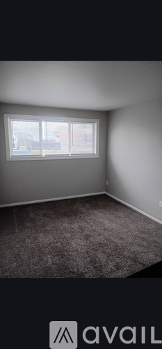A room with a carpeted floor and a window.
