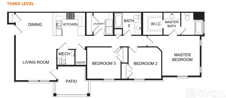 A floor plan of a third level apartment with a living room, dining room, kitchen, laundry, bathrooms, and bedrooms.