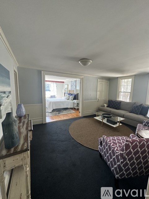 A living room with a grey couch and a round rug.
