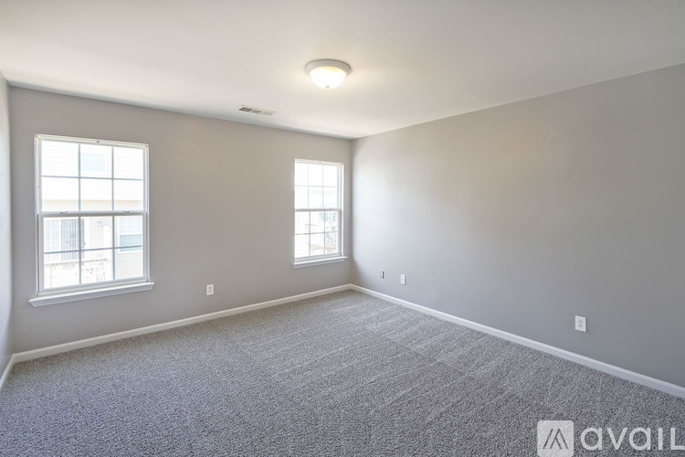A spacious room with two windows and carpeted floor.
