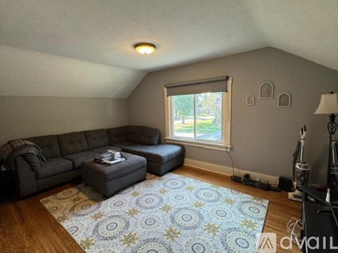 A living room with a grey sofa and a blue patterned rug.