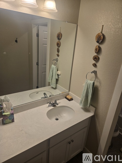 A bathroom with a white sink and a mirror.
