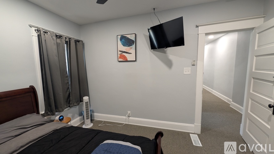 A bedroom with a bed, a fan, a window with curtains, a painting, a flat-screen TV, and a door.