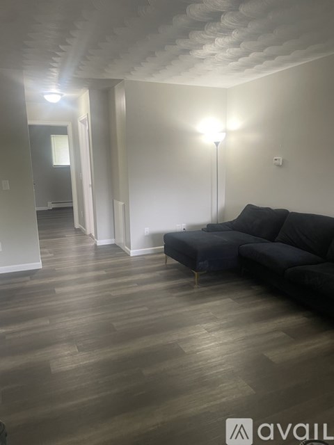 A living room with a black couch and wooden flooring.