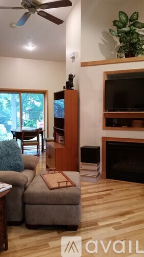 A living room with a couch, a chair, a television, and a fireplace.