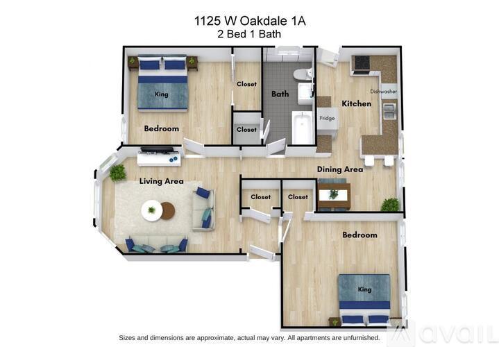 A floor plan of a 2 bedroom apartment with 1 bathroom.