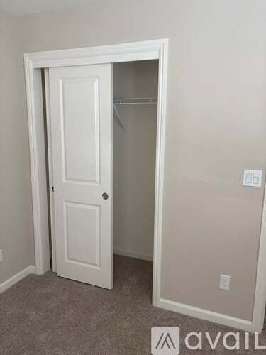 A white door is open to a small closet.