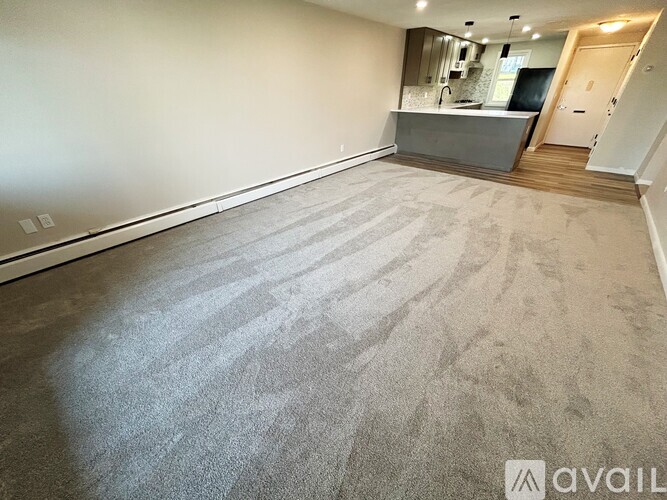A spacious room with a carpeted floor and a door on the right side.