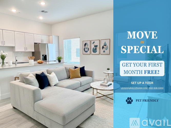 A living room with a couch and a sign offering a free first month for a move in special.