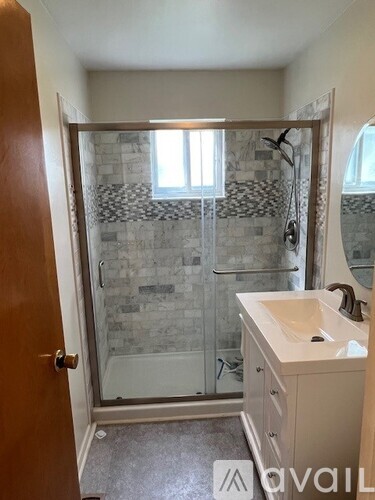 A bathroom with a walk-in shower and a sink.