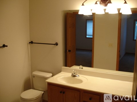A bathroom with a toilet, sink, and mirror.