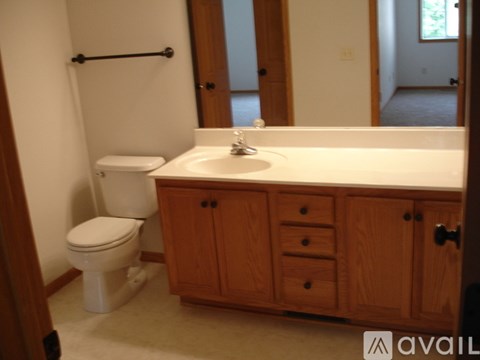 A bathroom with a toilet, sink, and wooden cabinet.