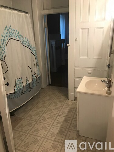 A bathroom with a shower curtain featuring a design of a man's head and a sink.