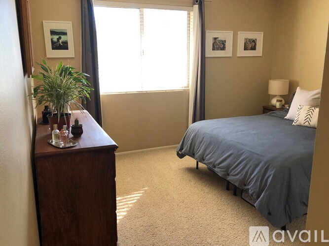 A bedroom with a bed, nightstand, and window.