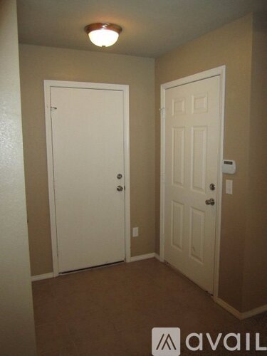 A room with two doors and a light on the ceiling.