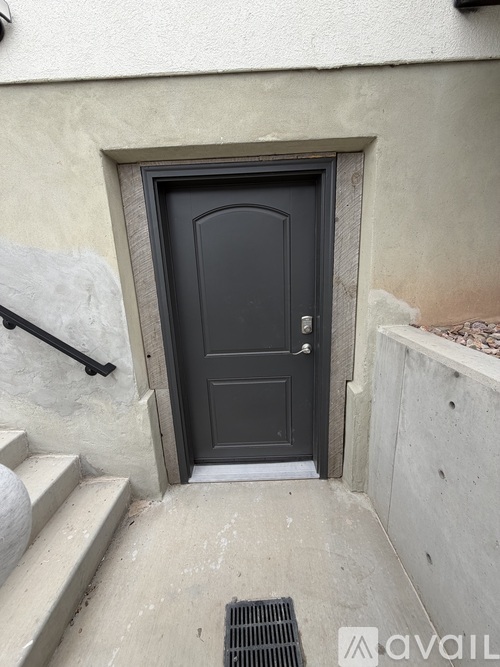 A black door is set in a white wall.