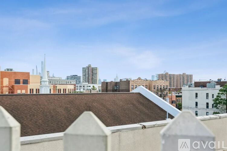 A cityscape with buildings of various heights and a clear sky.