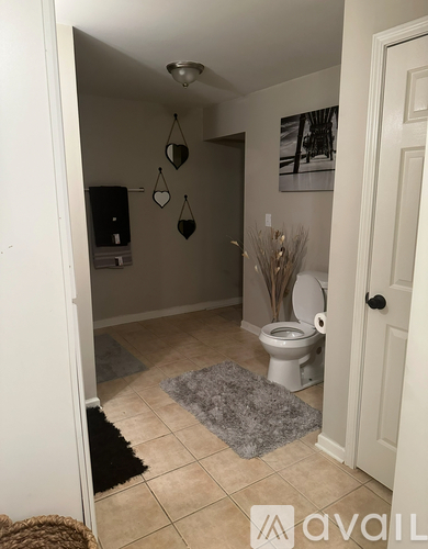 A bathroom with a toilet, a rug, and a picture on the wall.