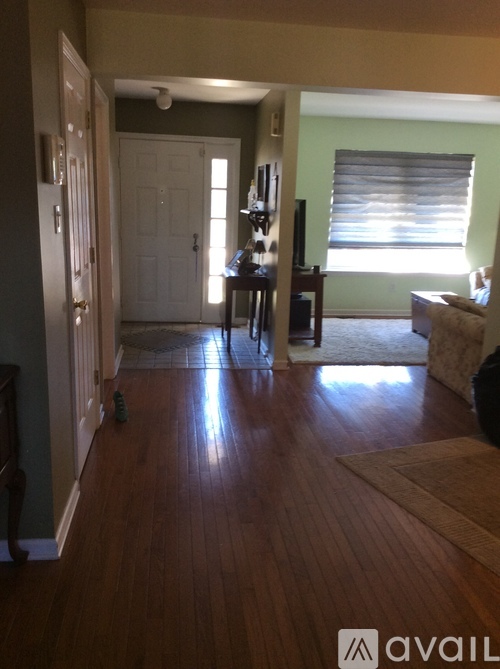 A living room with a brown rug and a brown wooden floor.
