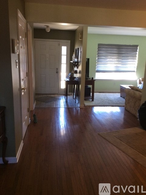 A living room with a brown rug and a brown wooden floor.