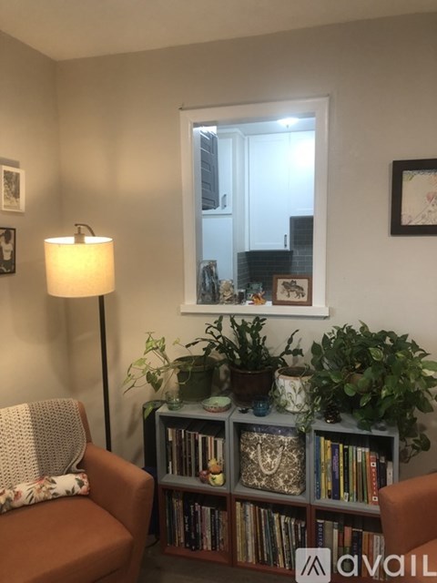 A living room with a lamp, a couch, a table with books and plants.