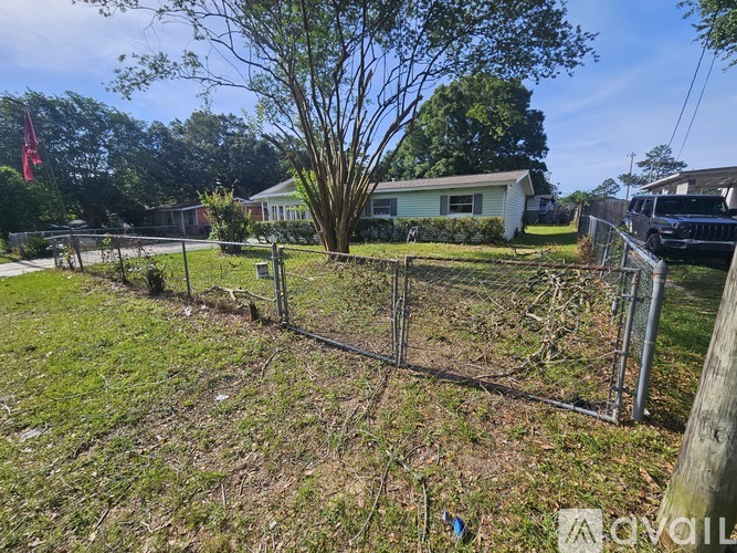 A backyard with a fence and a tree in the middle.