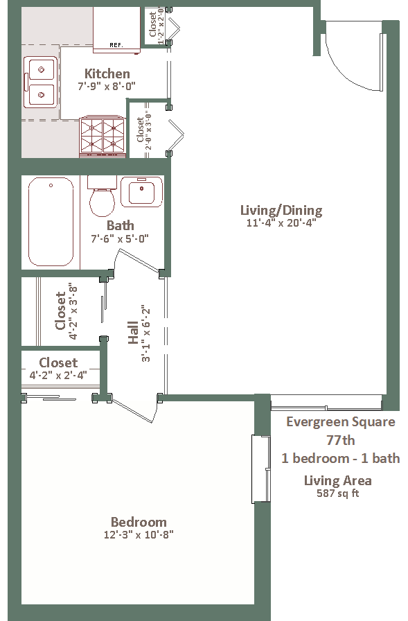 Evergreen Square Apartments 1 Bedroom Floorplan