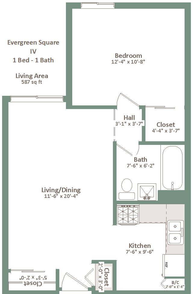 Evergreen Square Apartments 1 Bedroom Floorplan
