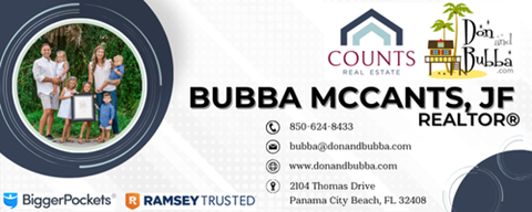 A real estate advertisement for Bubba McCants, JF, featuring contact information and a family photo.