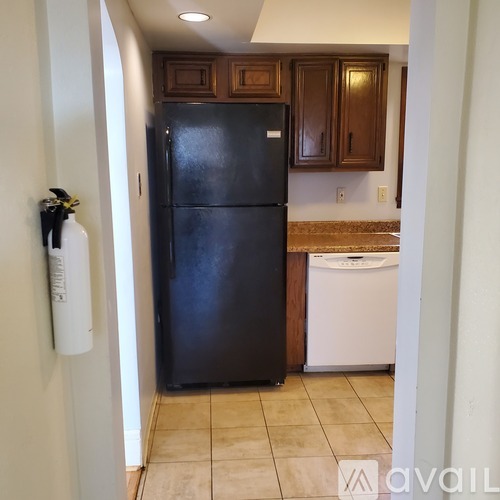 A black refrigerator in a kitchen with brown cabinets.