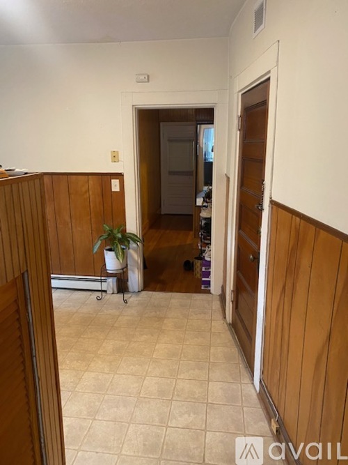A room with a plant on a table and a door in the background.